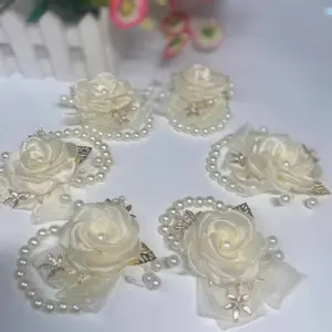 6PCS Ivory Artificial Pearl Alloy Wedding Bridal Wrist Flower and Corsage Set, Prom Wedding Wrist Corsage Set