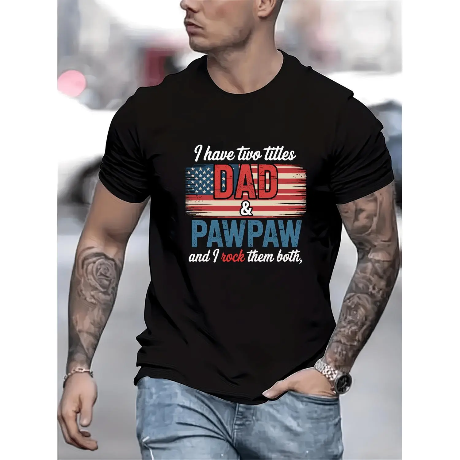 Men's Black Short-Sleeve Round Neck Menswear Top, Streetwear T-Shirt with 'I Have 2 Titles: Dad And Pawpaw' Phrase & American Flag Design, Ideal Father's Day Gift for Casual Occasions, Shortsleeve, Tshirt