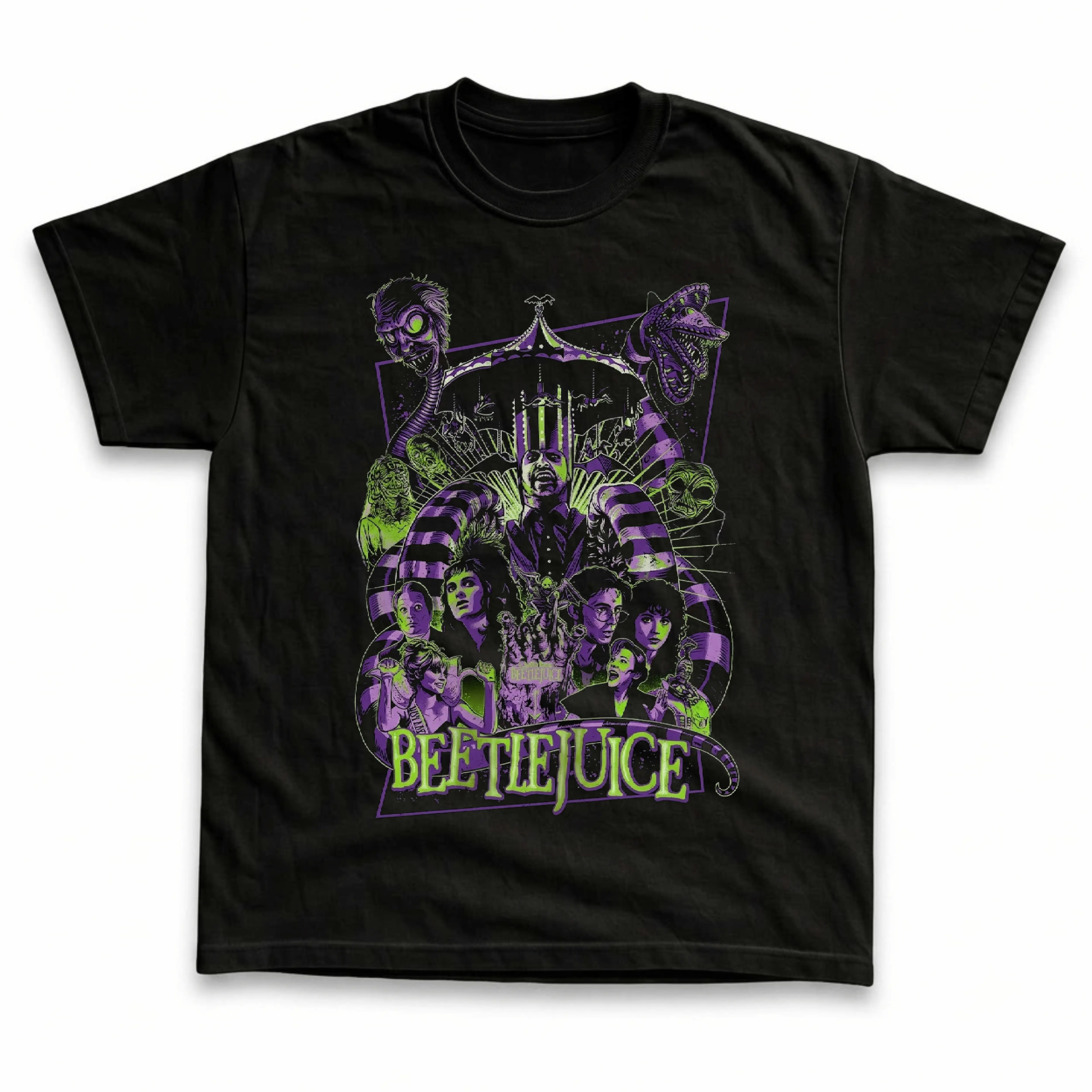 Men's and Women's T-Shirt, Vintage Beetlejuice Graphic Tee, Tim Burton 1988 Horror Comedy Merch, Carousel Hat Beetlejuice, Sandworm Striped Monster, Lydia Deetz Miss Argentina, Spooky Halloween Outfit, Retro Grunge Streetwear, Goth Aesthetic, Fan Gift