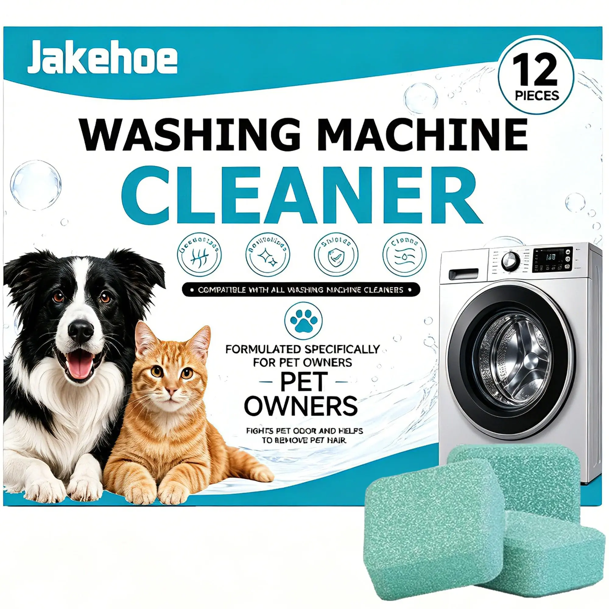 Washing Machine Cleaner Tablets 12 Count for Pet Owners, Odor & Residue Buildup, For Front Load, Top Load & He Washers, Monthly Maintenance Descaling Tablets for Cleaner Drum & Fresher Laundry