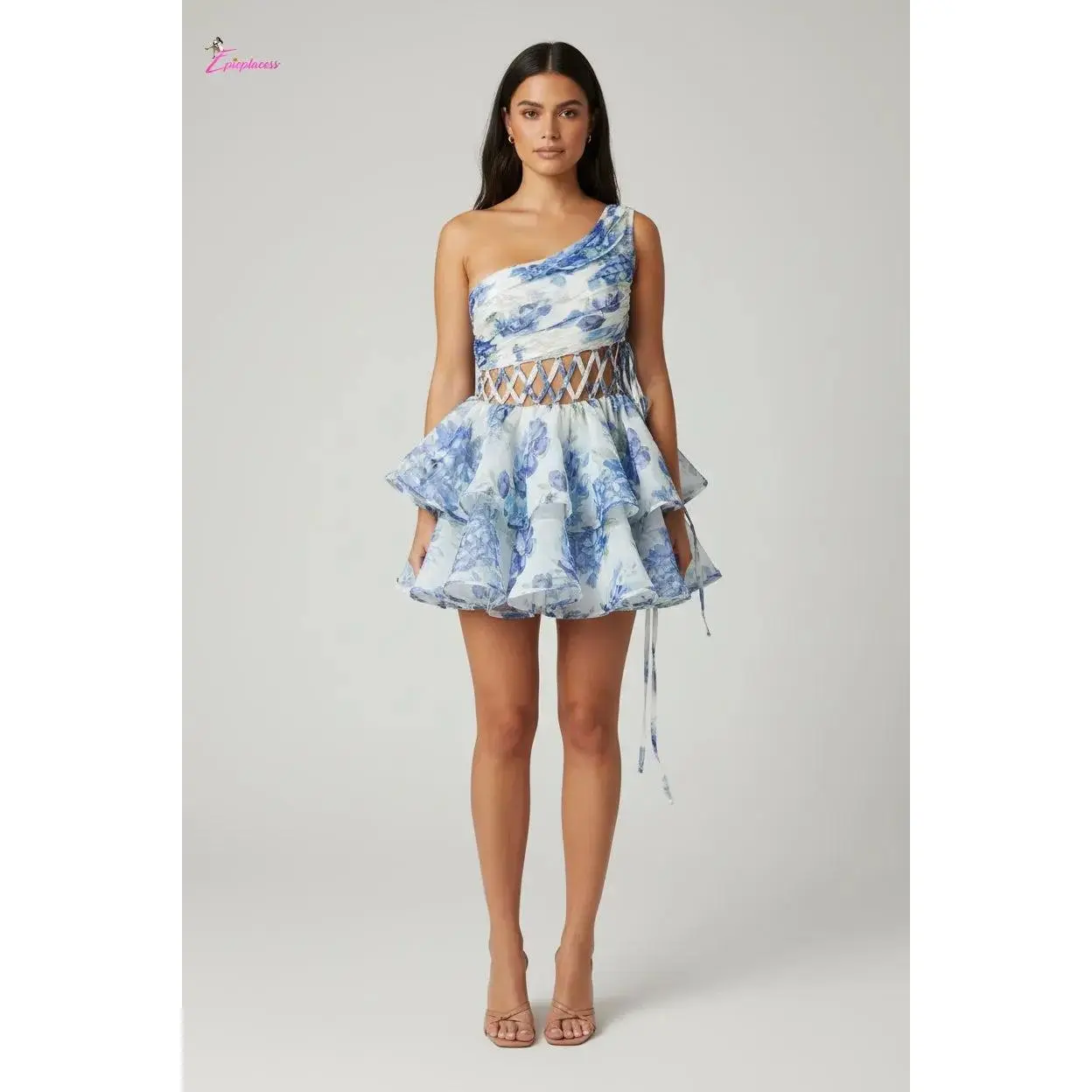 One-Shoulder Floral Organza Mini Dress