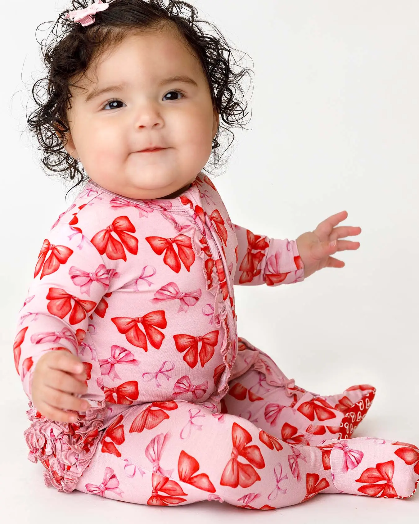 Catalina Ruffled Bamboo Footie for Baby Girls, Fitted Zipper Sleeper with Bow Print for Sensitive Skin, 0-3M to 6-9 Months