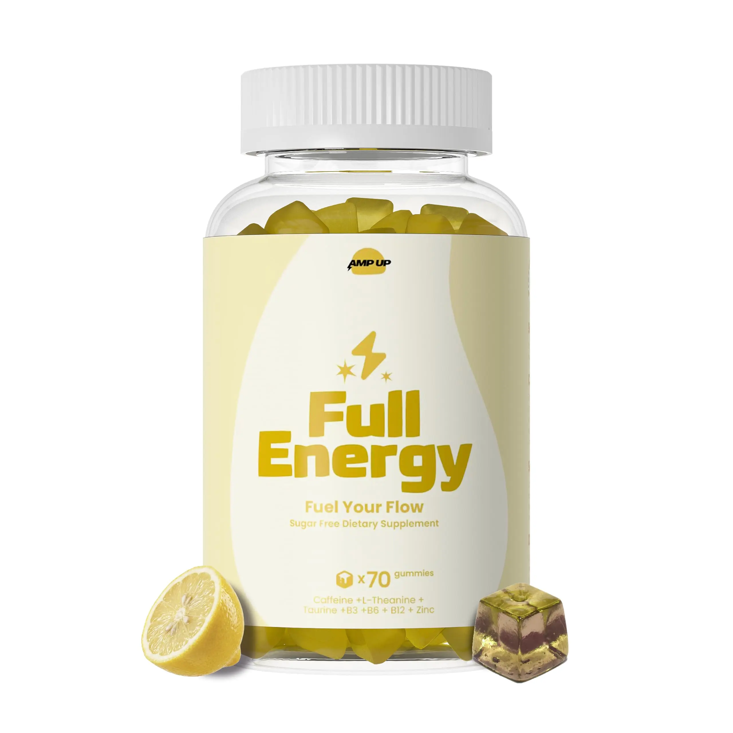 AmpUp Full Energy Sugar Free Energy Gummies | Caffeine with L-Theanine, Taurine & B Vitamins, Allulose Sweetened, Lemonade Flavor | 70 Gummies