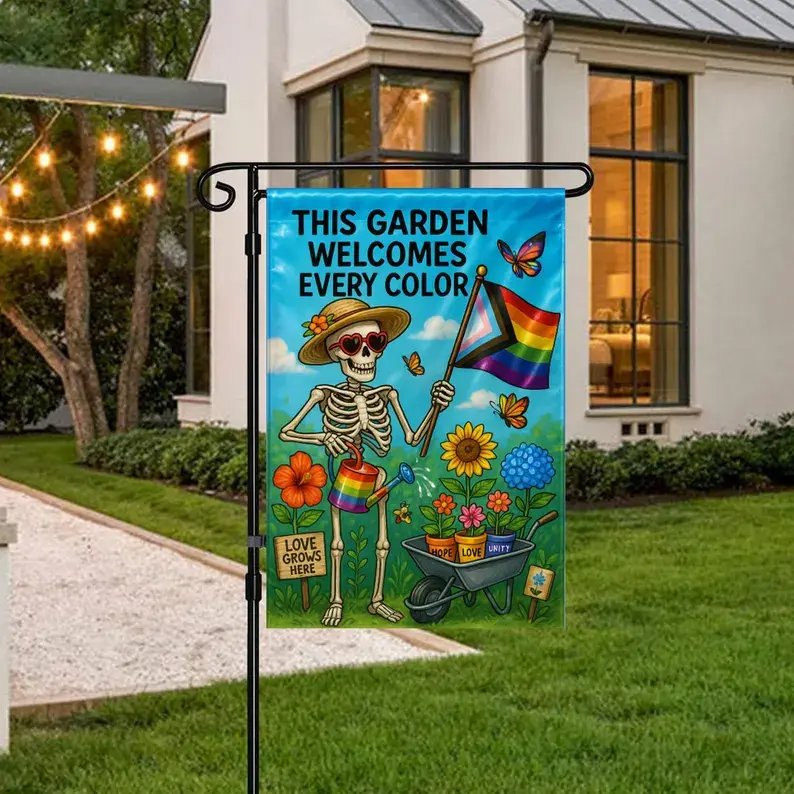 LGBTQ Skeleton Garden Flag, Pride Garden Decor, Inclusive Outdoor Flags, Funny Halloween Yard Flag, Rainbow Flower Garden Banner gift