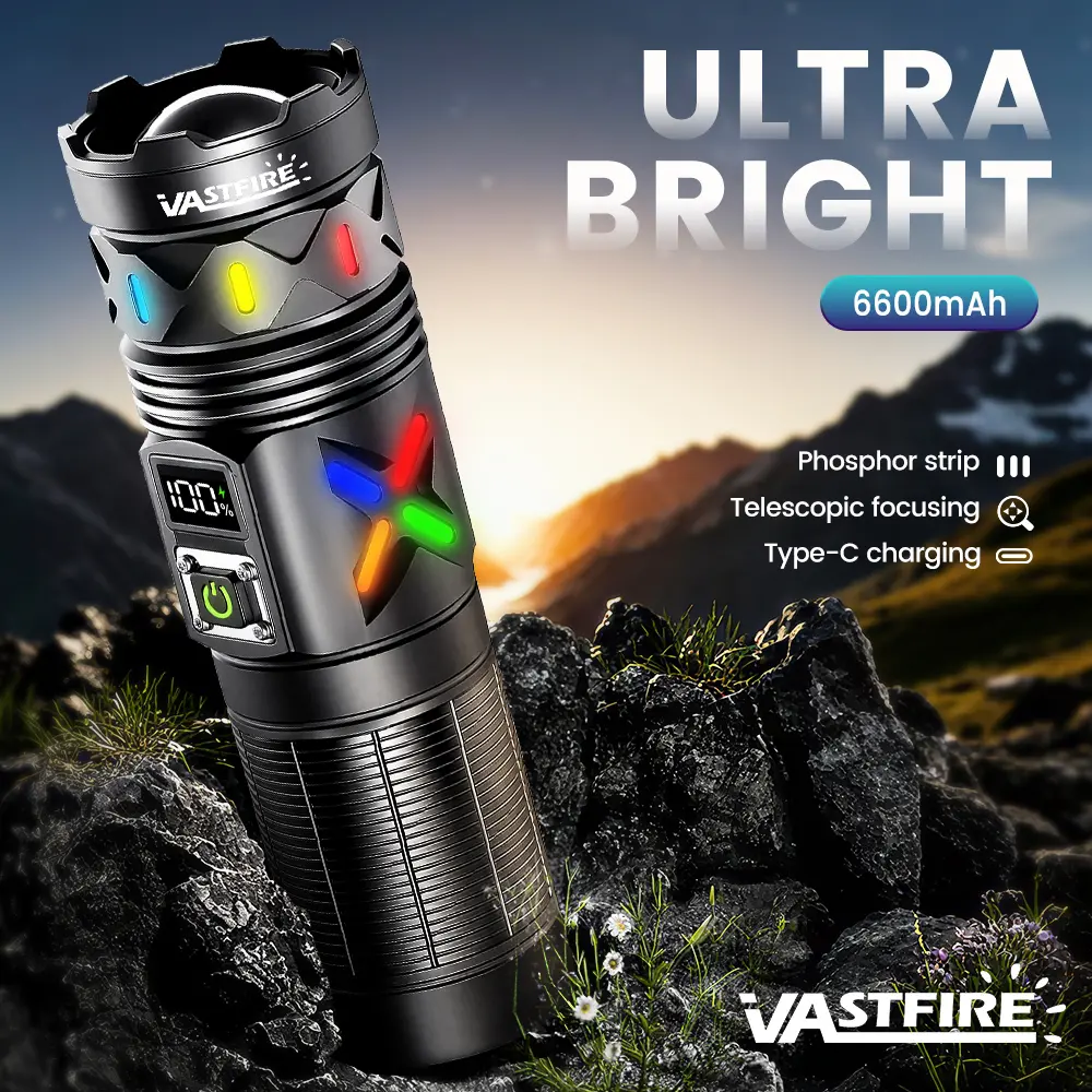 VASTFIRE Rechargeable Handheld LED Torch - 5000 Lumens Zoomable Spotlight, USB-C 6600mAh Battery, Digital Power Display, Strobe Mode, Tech Gadgets, Men's Personal Gadgets, Portable Lamps for Hiking/Light Outdoor, Father's Day Gift