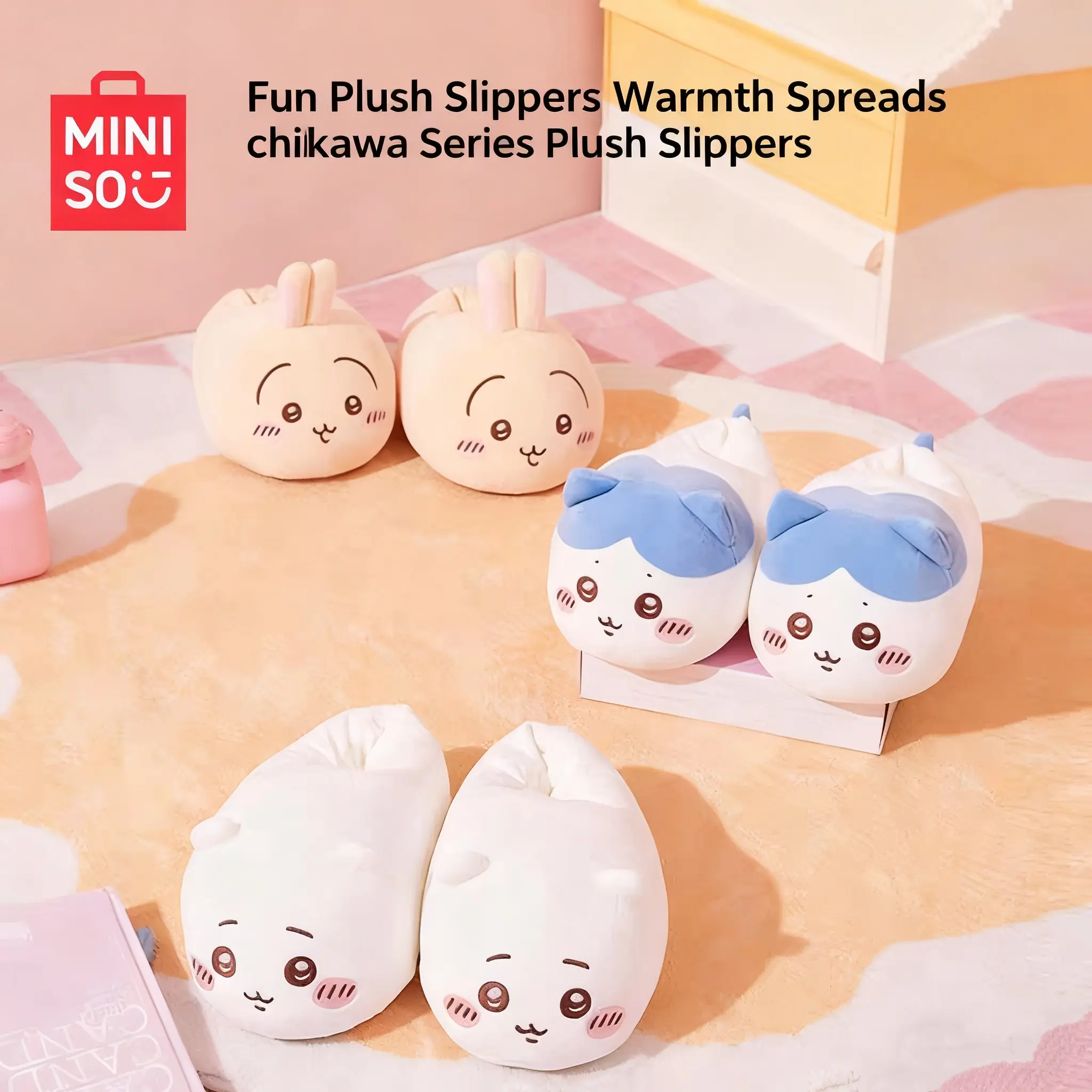[back to school]MINISO Chiikawa Plush Slippers, All-Season Soft Fluffy Cartoon House Shoes, Breathable Indoor Footwear for Bedroom & Living Room, Cute Daily Loungewear, Perfect Holiday Gift for Chiikawa Fans and Whole Family