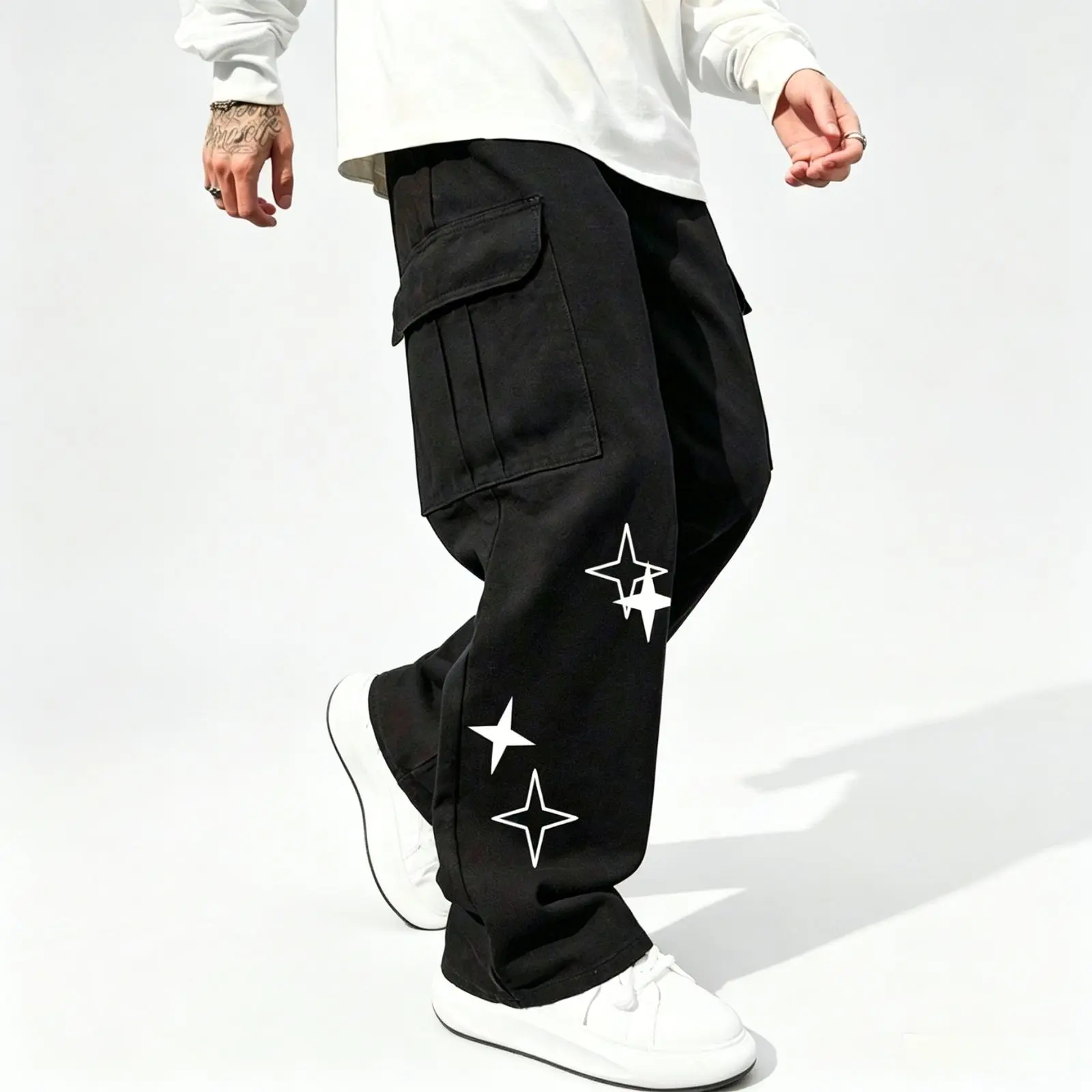 Men's Star Print Baggy Cargo Trousers - Wide-Leg, Multi-Pocket, Loose-Fit, Casual Long Pants for Menswear Fashion Streetwear Hip-Hop, Chic, M
