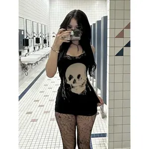 Women's Skull Print Contrast Lace Cami Dress, Y2K Fashion Casual Adjustable Strap Sleeveless Mini Dress for Daily Outdoor Wear, Women Dress for Spring Fall, Halloween