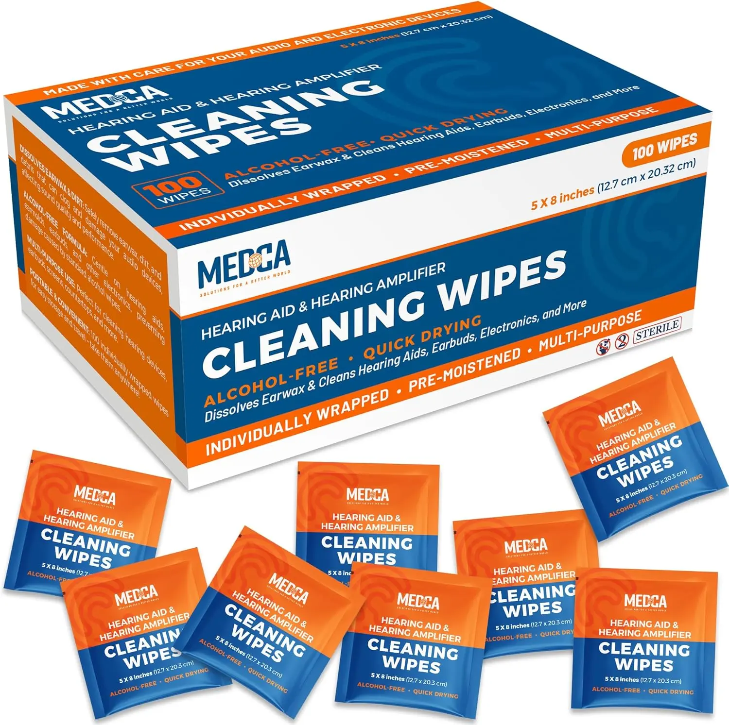 Cleaning Wipes - 100 Individually Wrapped Pre-Moistened Alcohol-Free Wipes for Hearing Aids, Amplifiers Daily Use & Travel