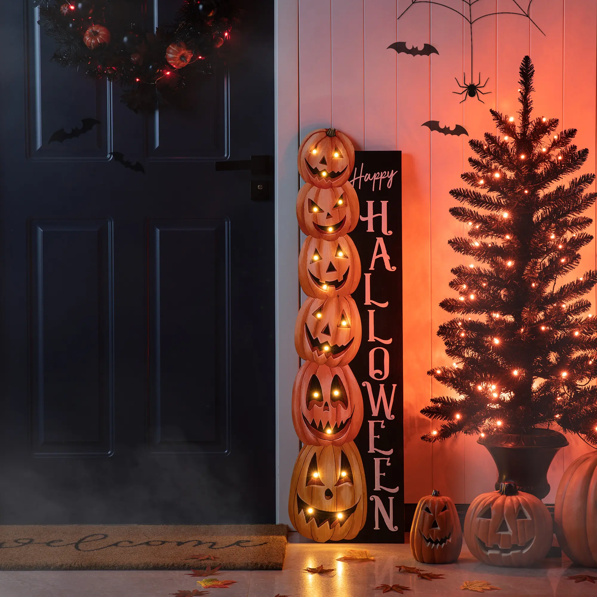 Glitzhome Modern Lighted Stacked Jack-O-Lantern & Ghost Outdoor Holiday Decoration, MGO Pumpkin Decorations w/Timer for Porch