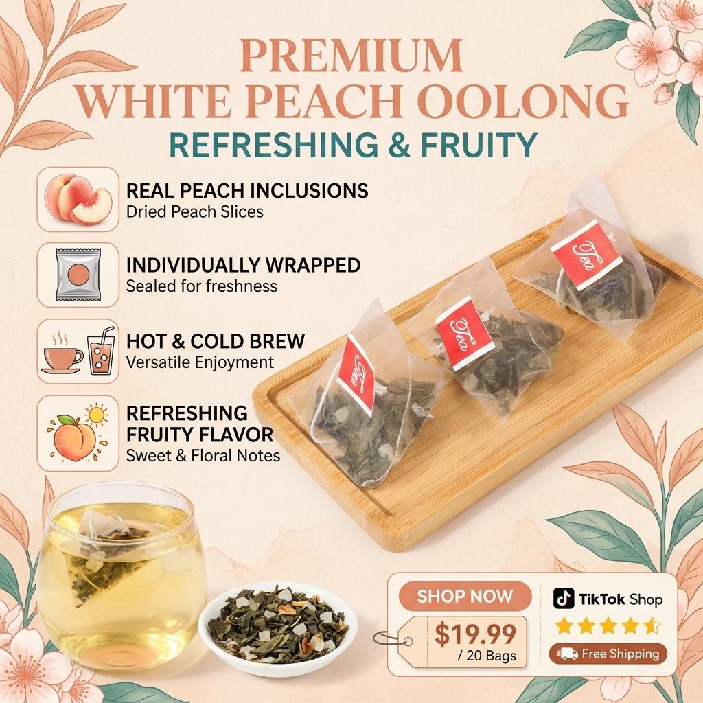 White Peach Oolong Tea Bags, 30 Count (90g) | Real White Peach & Premium Oolong Blend, Hot & Cold Brew Friendly, Natural Fruity Flavor Sachets