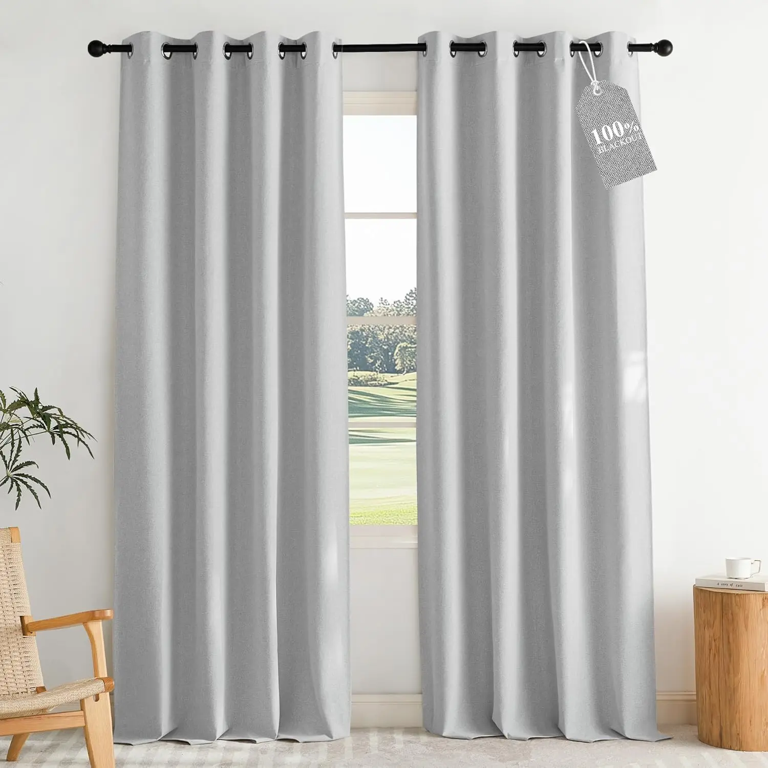 NICETOWN 100% Blackout Grommet Curtains, 2 Panels Greyish White Faux Linen with Stiff Weave & Structured Fold, Triple Layer Noise Reducing, W52 x L90 per Panel for Living Room & Home Office