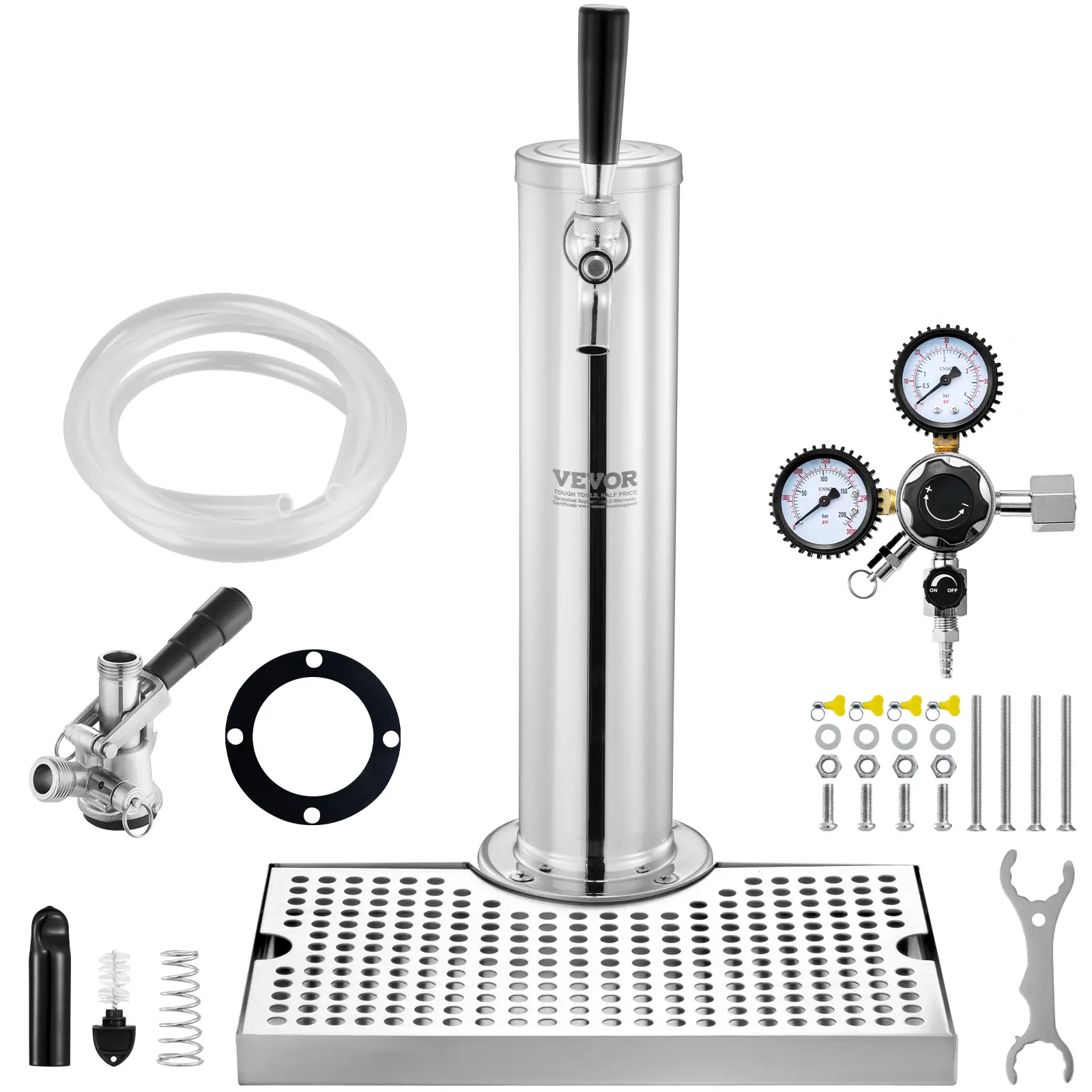 【SummerFinds】VEVOR Kegerator Tower Kit,  Single Tap Beer Conversion Kit, Stainless Steel Keg Beer Tower Dispenser with Dual Gauge CGA320 Regulator & D-System Keg Coupler, Beer Drip Tray for Party Home