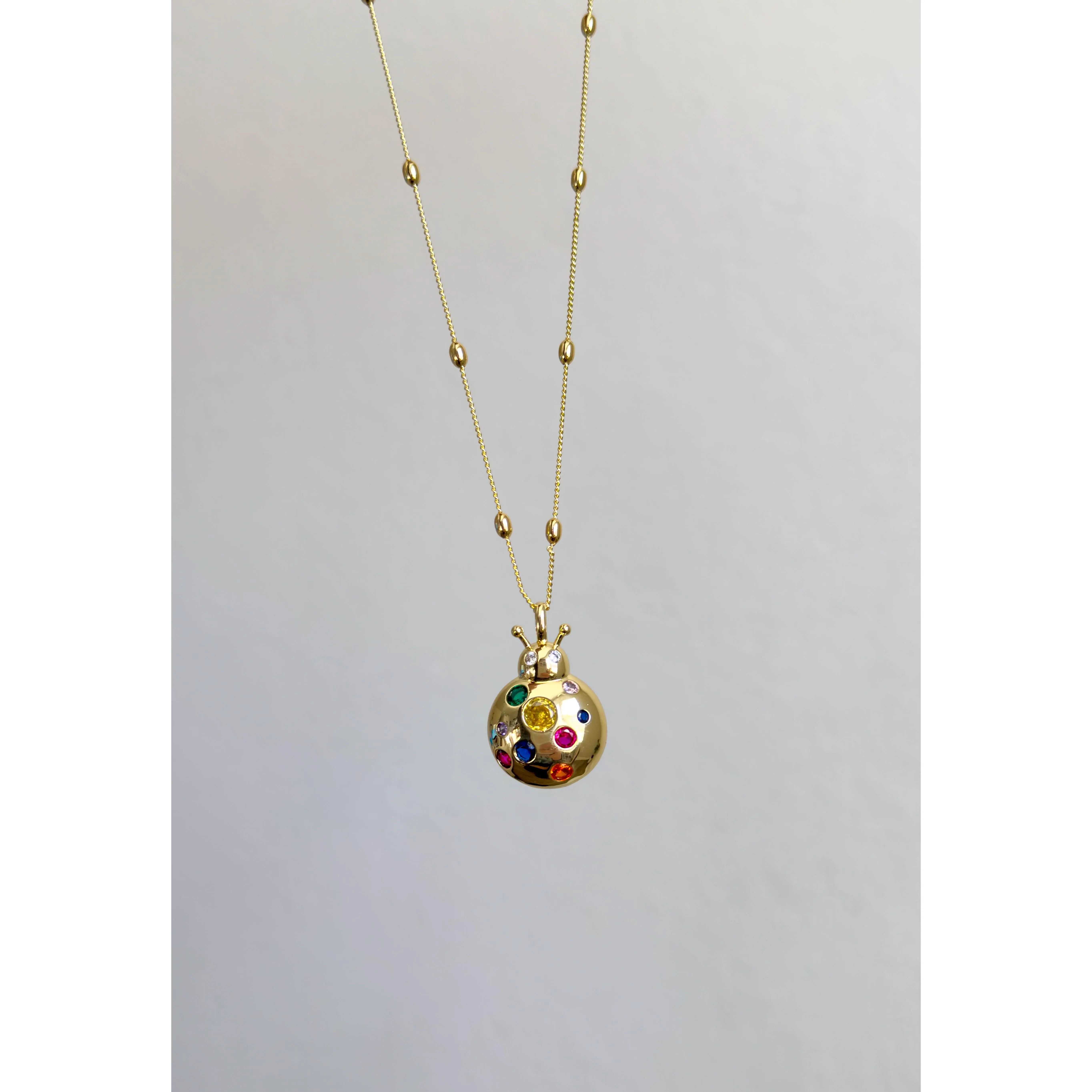 LadyBug Necklace with Colorful Beads and Gold Chain