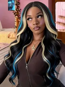 Black Blue Blonde Highlight Wavy Wigs 13x4 Lace Front Wigs Pre-Plucked Hairline Synthetic Wig Concert Look Body Wave Wig Coachella Festival Look Lace Frontal Wigs for Women Daily Wear Party 28 Inch