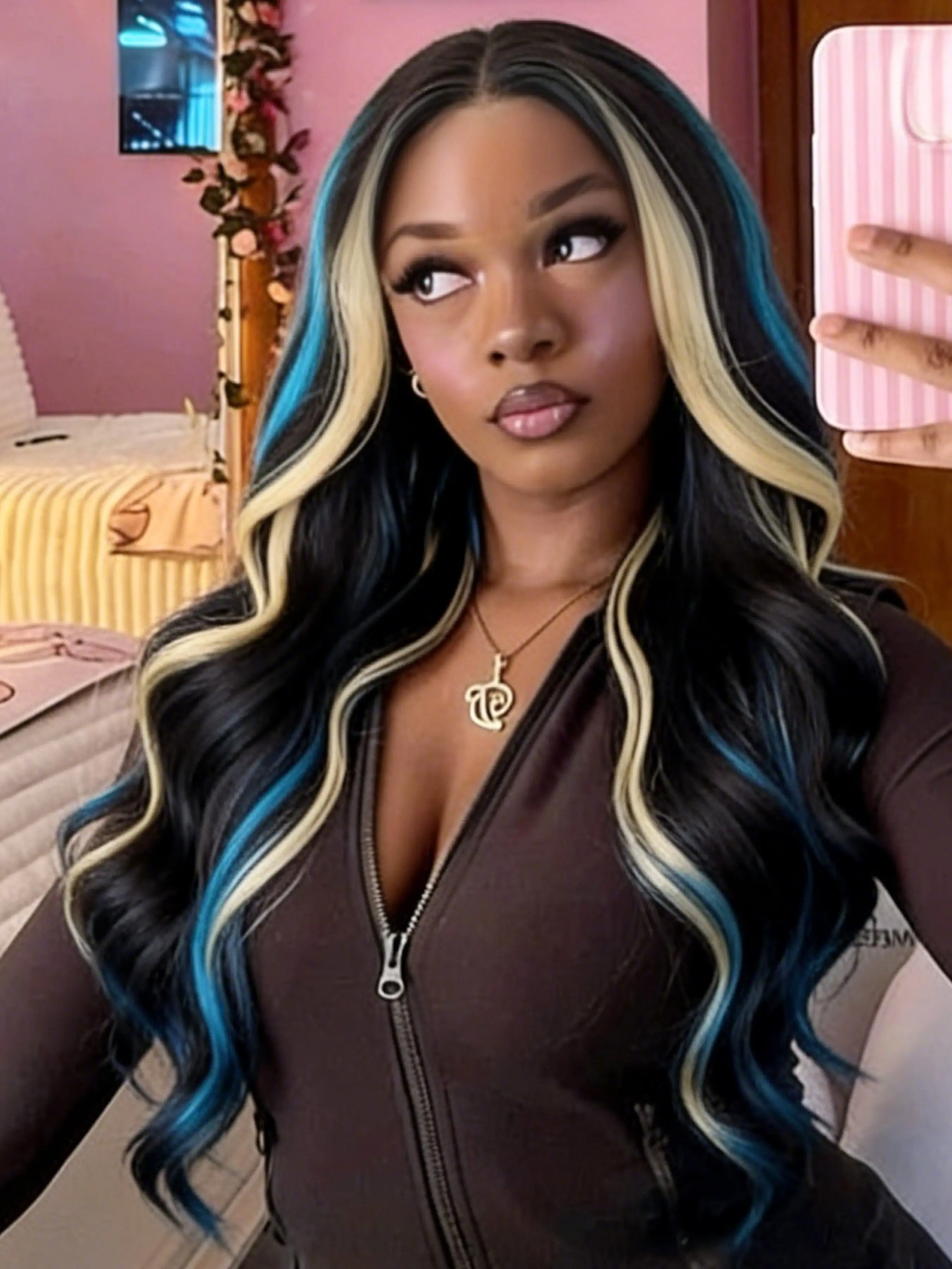 Black Blue Blonde Highlight Wavy Wigs 13x4 Lace Front Wigs Pre-Plucked Hairline Synthetic Wig Concert Look Body Wave Wig Coachella Festival Look Lace Frontal Wigs for Women Daily Wear Party Glueless Ready To Wear Wig 28 Inch