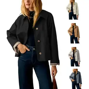 Women’s Cut Windbreaker Classic Collar Oversized Casual Jacket with Checkered Lining GARMENTARY