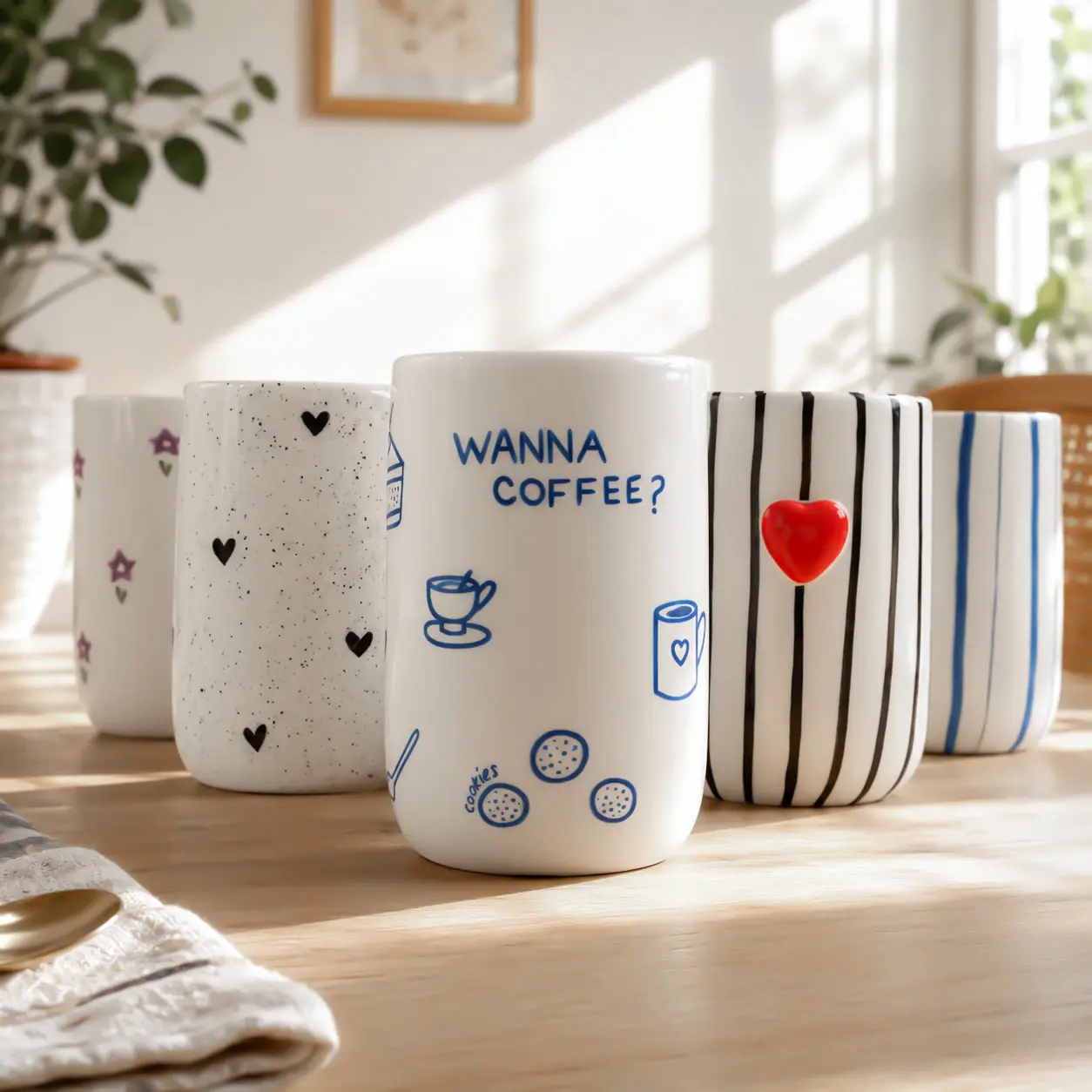 17 oz Handmade Striped Ceramic Coffee Mug - Plaid Patchwork Animal-Print Thermal Drinkware with Sip Hole, Cute Mugs, Dishwasher-Microwave Safe, Mom Birthday Gifts for Women, Polka Dot Home Goods