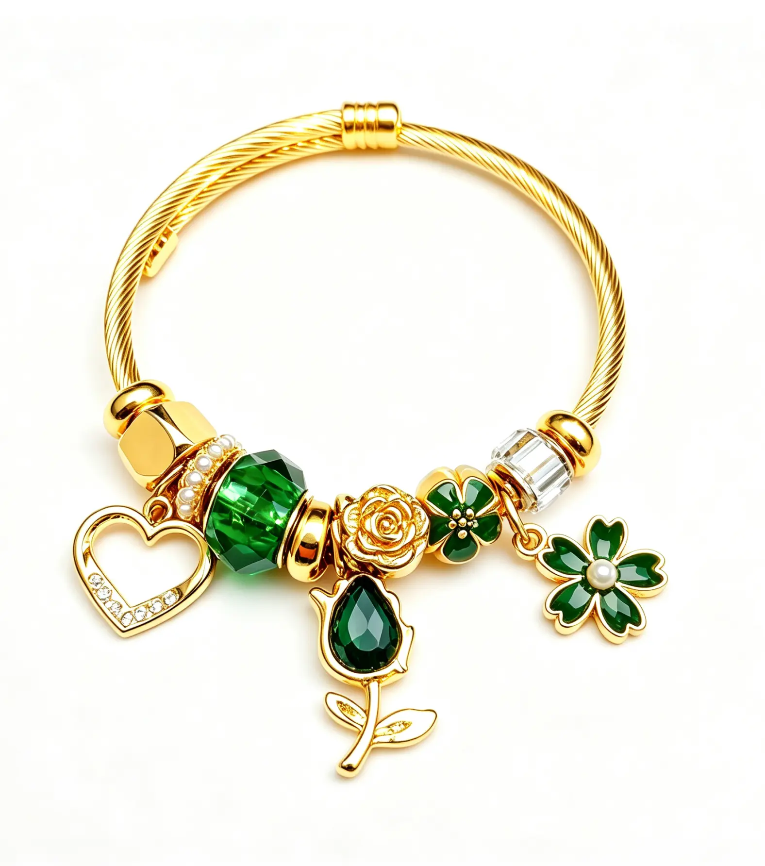 Gold Twisted Cable Charm Bangle Bracelet, Green Clover Tulip Rose Heart Crystal Bead Open Cuff Bracelet, Adjustable Jewelry Gift for Women