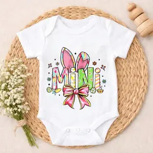Mini Bunny Easter Bow Newborn Baby Boy Clothes  Baby Clothes Anti - pilling property Essential Short Sleeve Romper Bodysuit Cute Print Soft Cotton Breathable Outfit for Infants 0-24 Months, Perfect for Outdoor & Spring & Summer & Autumn