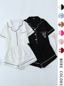 Women's All Over Print Loungewear Set, Contrast Binding Pocket Top & Shorts Pj Set, Ladies Summer Sleepwear