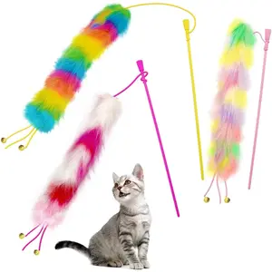 3-Pack Cat Toy Wand, Rainbow Cat Feather Toy with Bell, Teaser Wand with Soft Tail, Indoor Cat and Kitten Interactive Toy