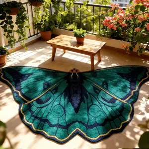 Living room carpet, Boho area rug, light luxury style, blue and green butterfly, bedroom special-shaped carpet, creative gilt stroke texture, entry door anti-slip carpet, home decoration, entrance carpet, Non Slip Rug