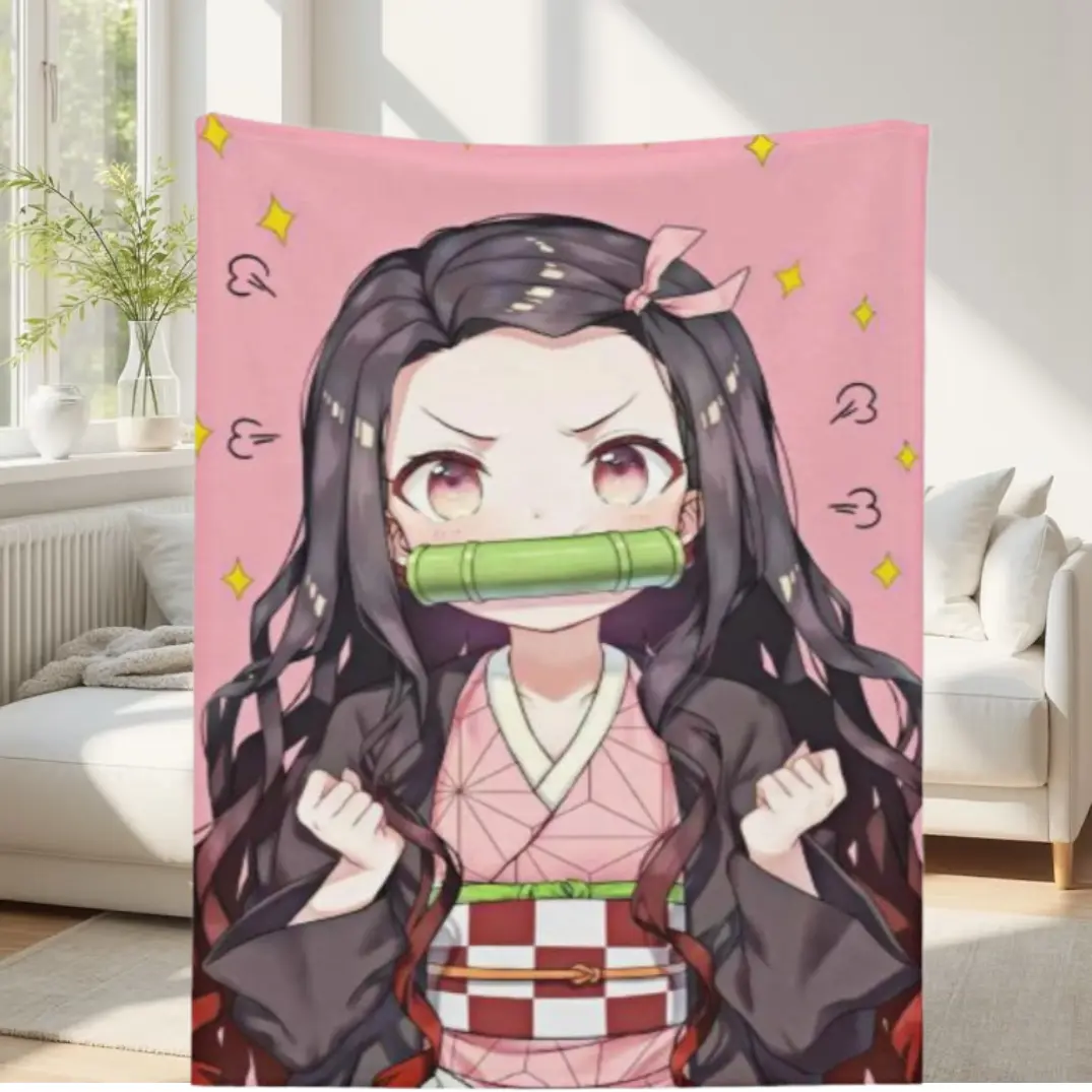 Demon Slayer-Inspired Soft Lightweight Blanket - Nezuko Kamado Pink Kimono Bamboo Muzzle Design, Japanese-Themed Anime Manga Blanket for Teenagers, Cozy Bedroom Bedding Accessory, Demon Slayer-Inspired Blankets, Anime Manga Blankets