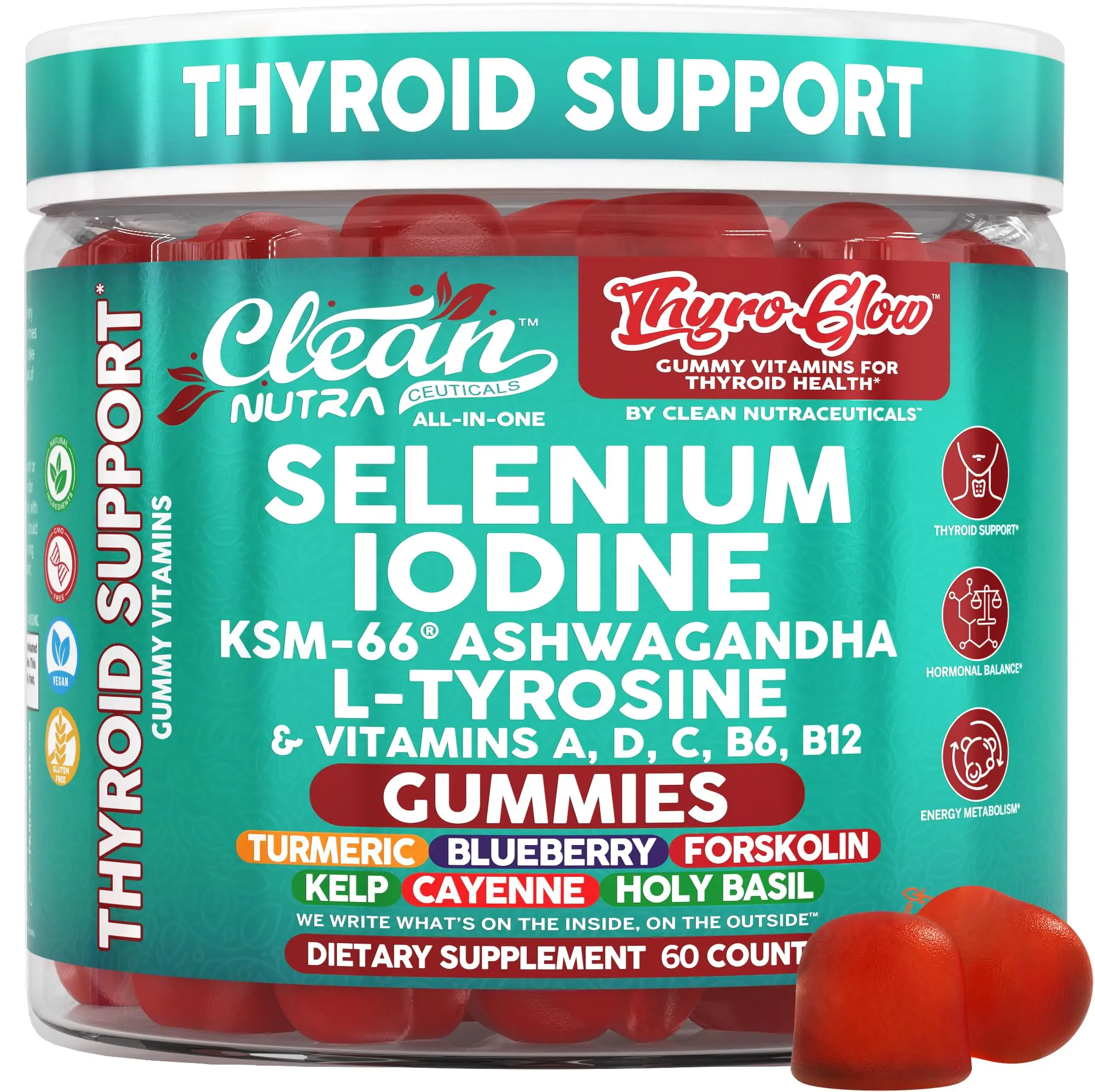 Clean Nutra Selenium, Iodine, KSM-66, Ashwagandha, L-Tyrosine & More for Thyroid Support & Energy Metabolism Gummies – Thyro Glow