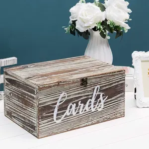 Torched Wood Wedding Gift Card Holder Box with Slotted Lid and Antique Hinge Lock