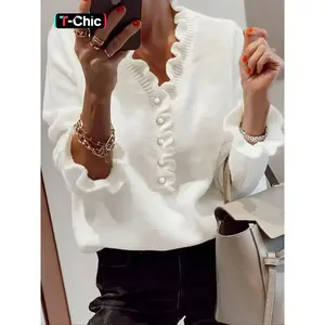 Women’s plain button-front sweater with frill trim and ruffle trim, elegant long-sleeve V-neck jumper for autumn and winter, fashionable women’s knitwear for everyday wear