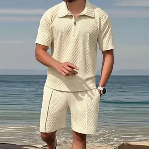 Men's summer half zip short sleeved polo shirt top and shorts 2-piece set, featuring a half zip V-neck design. Jacquard textured fabric is breathable and stylish. It is very suitable for summer wear, casual, fashionable and sporty Knitted Set Beige