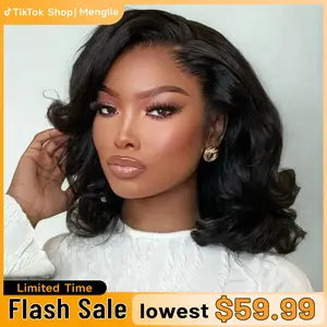 [New In 7x6 Wig] Menglle Hair Glueless 7X6 Lace Front Human Hair Shoulder Length Wavy Short Bob Wig Honey Blonde Highlight Blonde / Natural Black / Brow Medium Cap Size#Summervibes