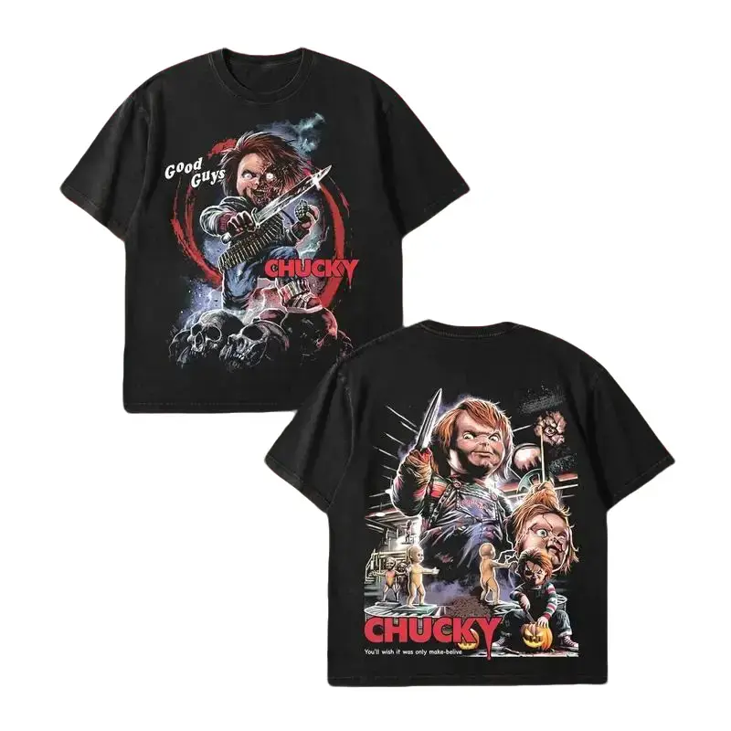 Chucky Horror Merch T Shirt 2 Sides, Good Guys Vintage 90s Style Slasher Graphic Top, Black Heavyweight Oversized Premium Cotton, Retro Aesthetic Gym Workout Spooky Fan Gift Top for Him Her