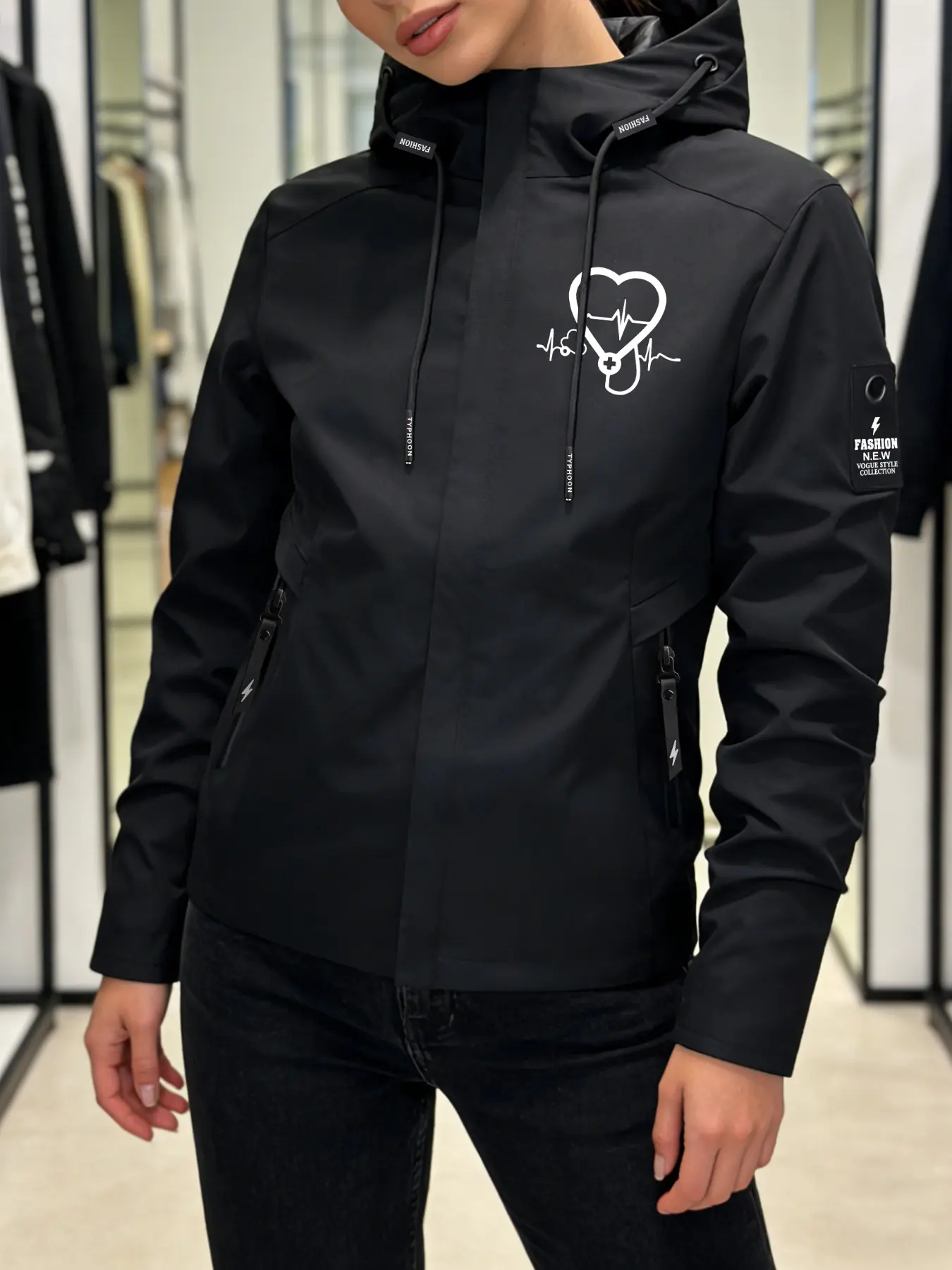 Women's Hooded Windbreaker Jacket Front Heart EKG Stethoscope Medical-Themed Print Stylish Minimalist Casual Windproof Water-Resistant Breathable Ideal for Young Ladies Daily Commute Leisure Outings in Spring Autumn Winter Hooded Outerwear