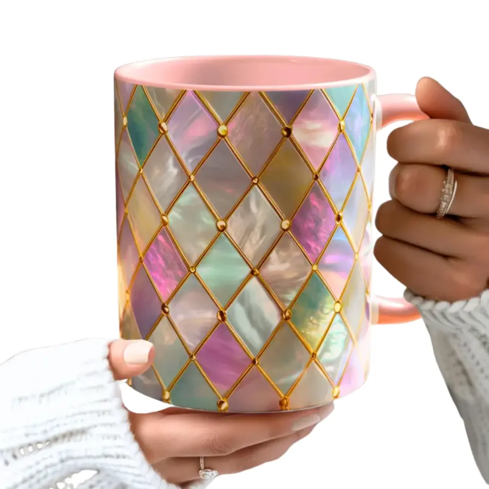 Mother of Pearl Diamond Pattern Mug 11oz & 15oz, Iridescent Luminous Luxury Coffee Cup, Elegant Glossy Textured Tea Mug, Shiny Sparkling Aesthetic Drinkware, Exquisite Pearl Texture Daily Cup, Stylish Home Tableware, Practical Office Drinking Cup, DFYD
