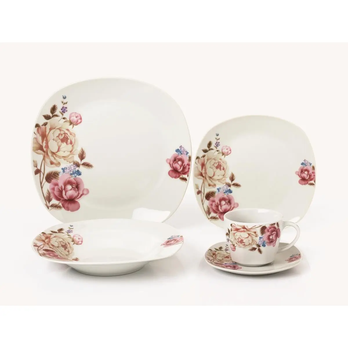Stylish Floral Porcelain Square Dinnerware Set - 20-Piece, Service for 4, Includes Coffee Cups, Bowls | Porcelain Dinnerware Sets, Porcelain Dinner Sets