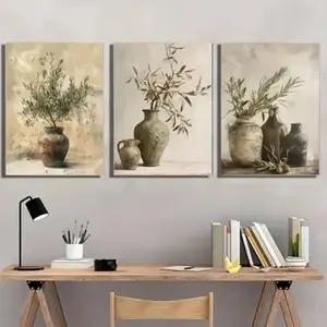 3-Piece Vintage Prints Olive Branch Canvas Wall Art Set with Wooden Frame, Modern Country Style Decor for Living Room Bedroom Kitchen Hallway Art Wall Decoration