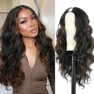 V Part Wig 24" Long Body Wave Synthetic U V Part Half Wigs Glueless Upgrade U Part Wig Glueless Full Head Clip in Hair Extensions for Black Women