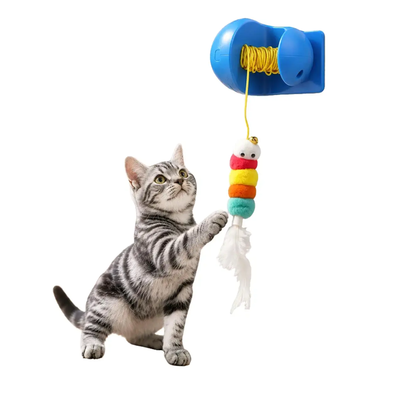 Automatic Yo-Yo Teaser Toy for Indoor Cats, Wall Mounted Moving Rope Cat Toy with Feather Plush, USB Charging Interactive Pet Toy for Kittens & Cats