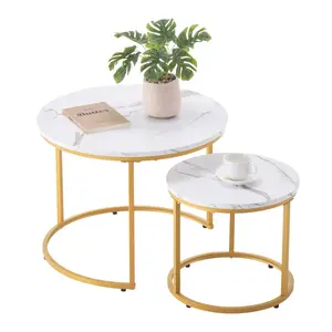 White & Gold 2-Piece Vintage Nesting End Side Table Night Stand with Metal Frame, 23.6 in Round Coffee Table for Living Room, Bedroom