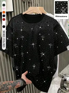 Men's Casual Loose Short Sleeve T-Shirt, with Rhinestone Decoration, Oversized Street Style, Ideal Gift for Partner