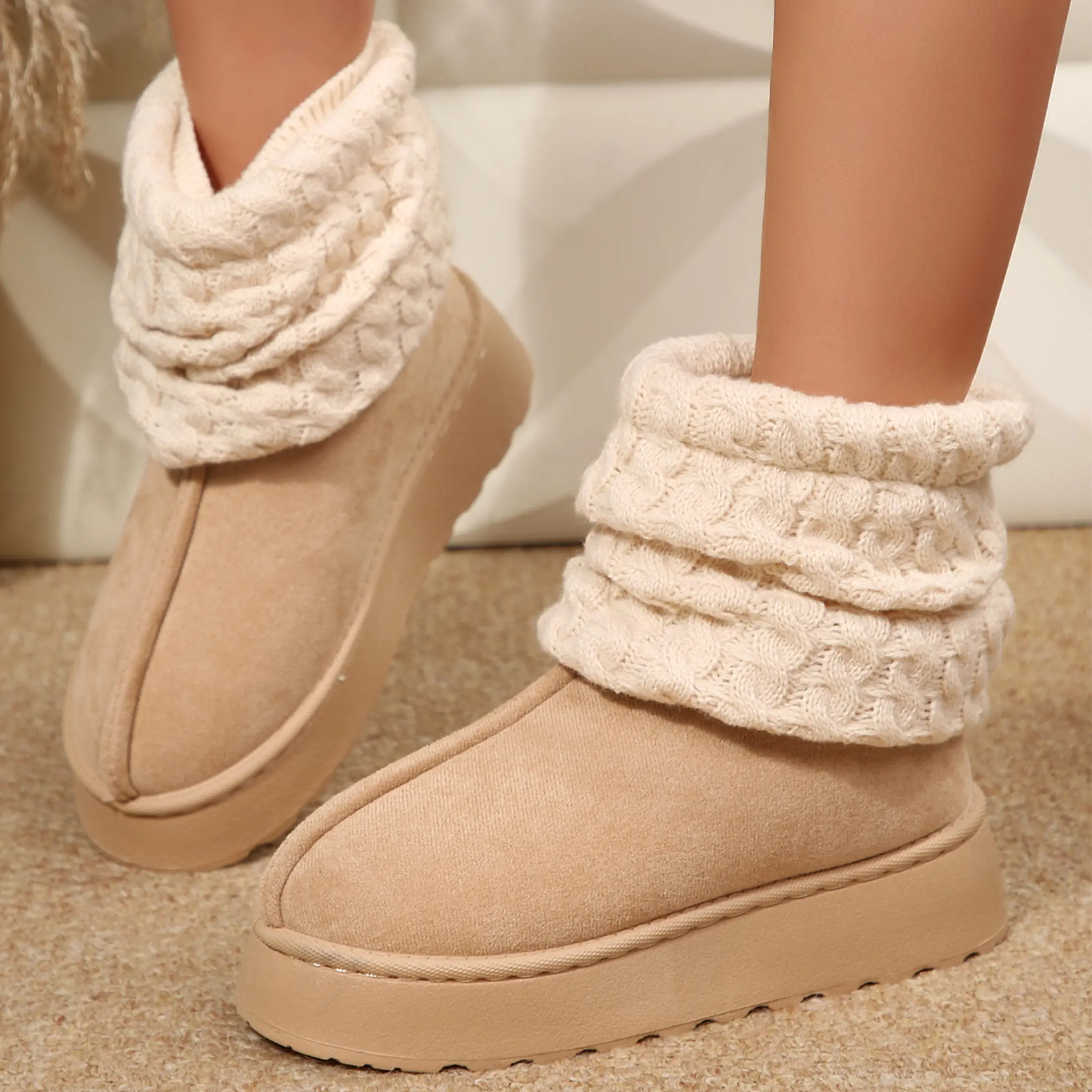 Women’s Snow Boots Cozy Knit Cuff Ankle Boots Warm Platform Winter Booties Indoor Outdoor Shoes