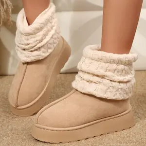 Women’s Warm Knit Cuff Snow Booties Faux Suede Chunky Sole Ankle Boots Indoor Outdoor Shoes