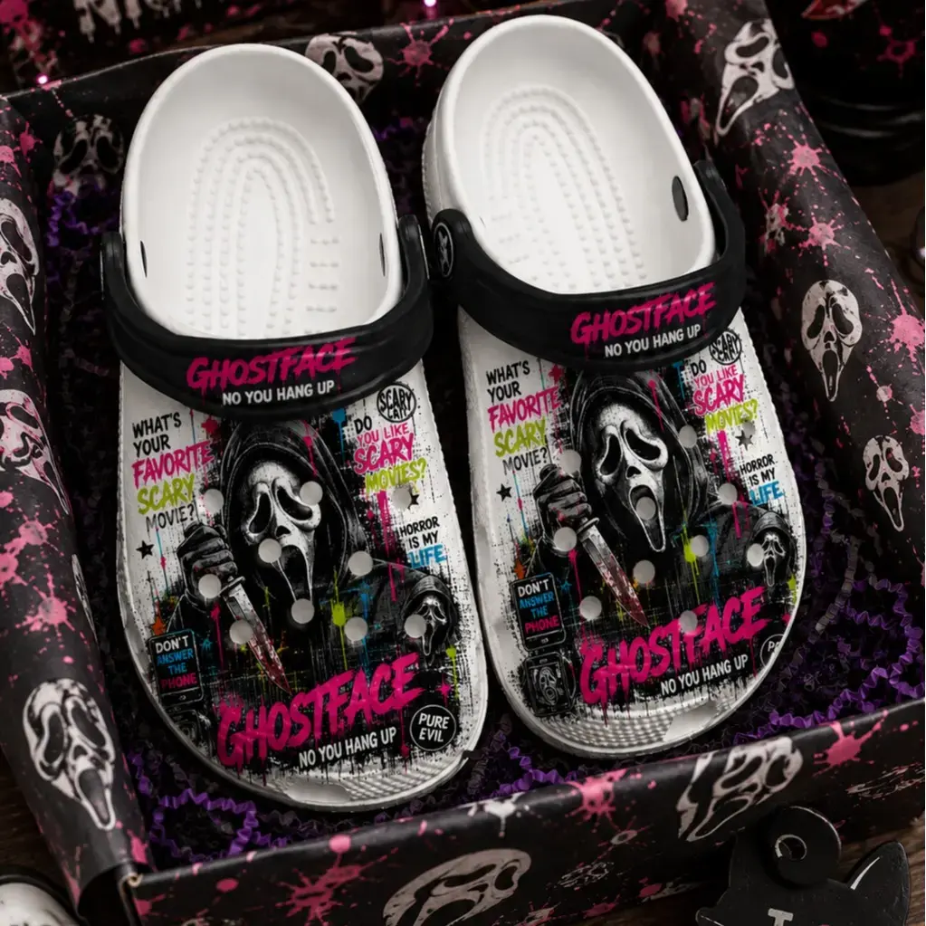 Spooky Halloween Clogs, Horror Mask Graphic Clog Shoes, Dark Print Lightweight Slip-On Footwear, Comfortable Casual Shoes, Unique Halloween Gift