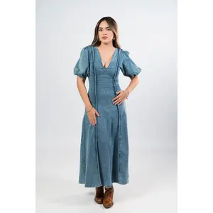PUFF SLEEVE V NECK DENIM MIDI DRESS