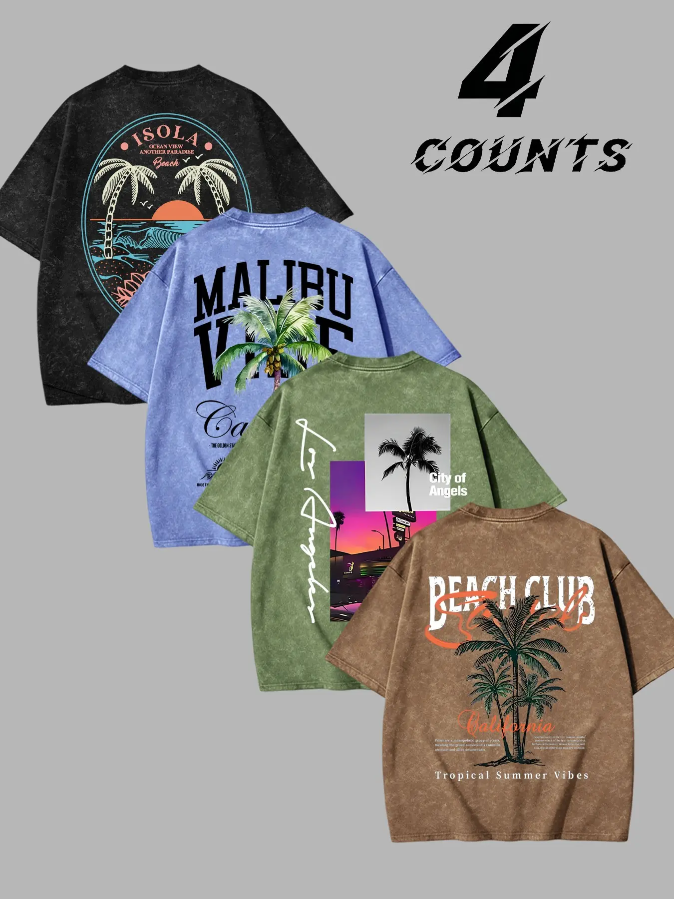 4-Pack Men's High-Street Streetwear West Coast Style T-Shirts, Casual Tropical Print Tees for Beach, Loose-Fit, Relaxed Fit, Oversize, Baggy, Aesthetic, Fashion Summer Wear, Menswear