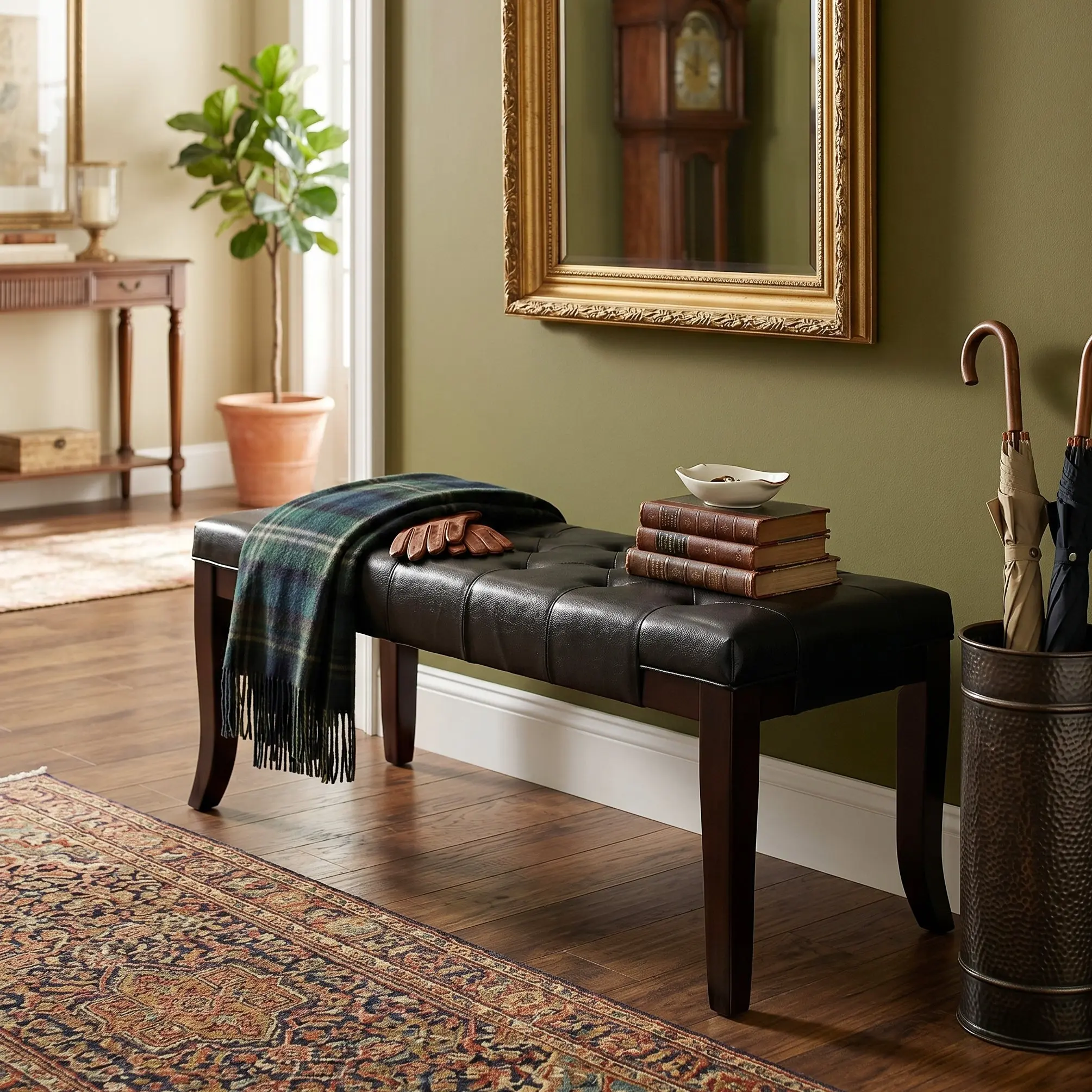 Linon Espresso Leather Tufted Ottoman Bench