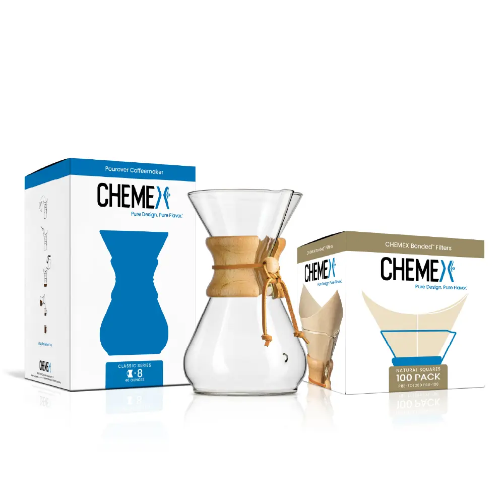 CHEMEX Bundle - 8-Cup Classic Series - 100 ct Square Filters - Exclusive Packaging