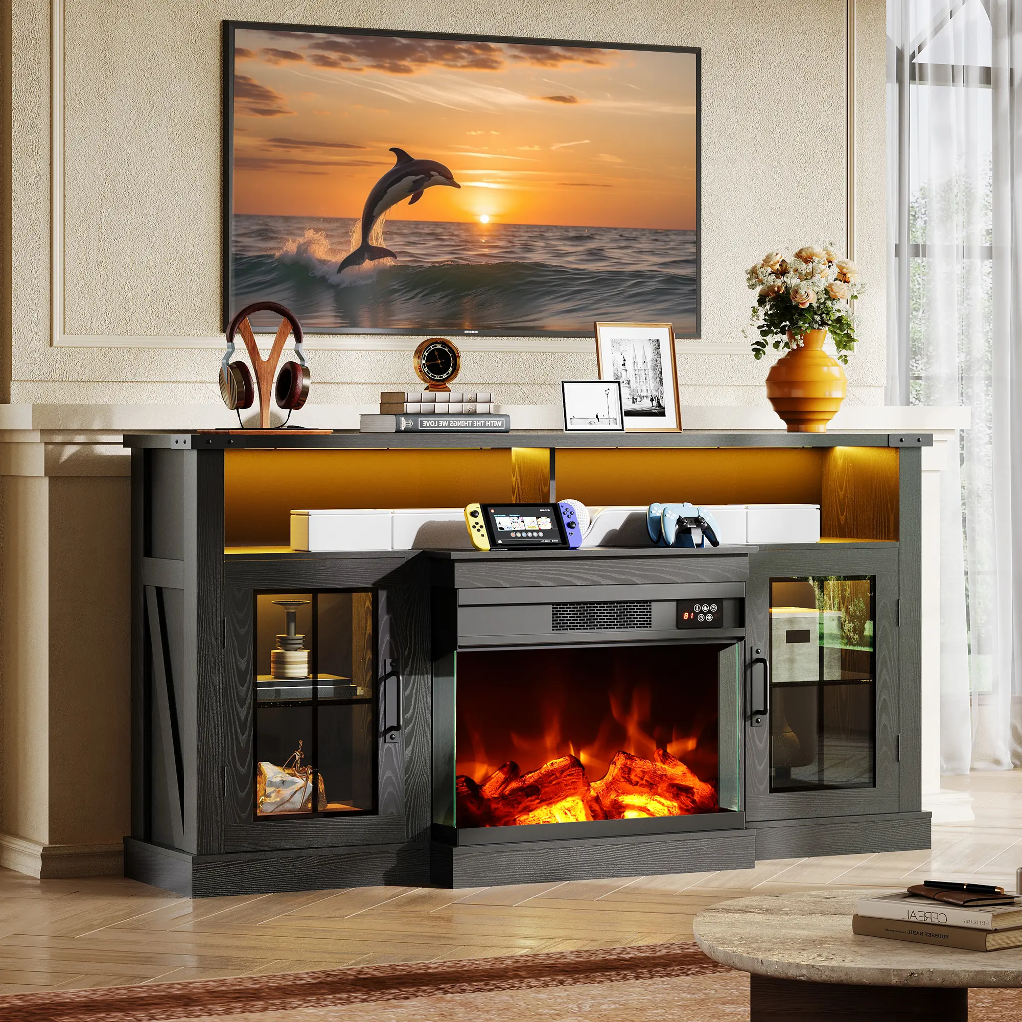 【2 Packages Shipped】WLIVE 3-Sided Glass Electric Fireplace TV Stand for 65 Inch TV, Entertainment Center with 14 Flame Colors & Adjustable LED Storage Cabinets, Farmhouse Media Console for Living Room, Bedroom